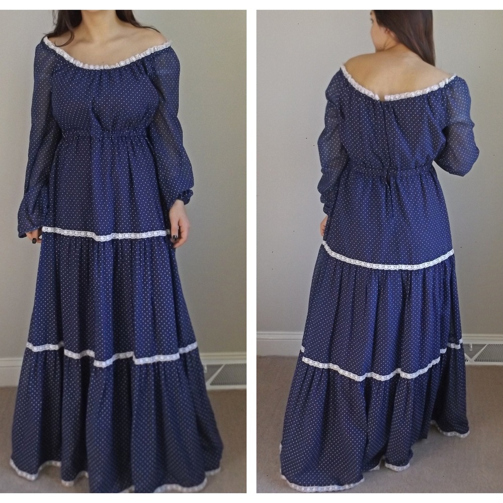 1970s Vintage Polka Dot Navy Prairie Maxi Dress